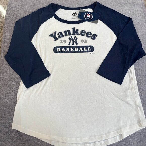 MLB White/Navy New York Yankees Baseball 3/4-Sleeve Raglan T-Shirt - Picture 1 of 5